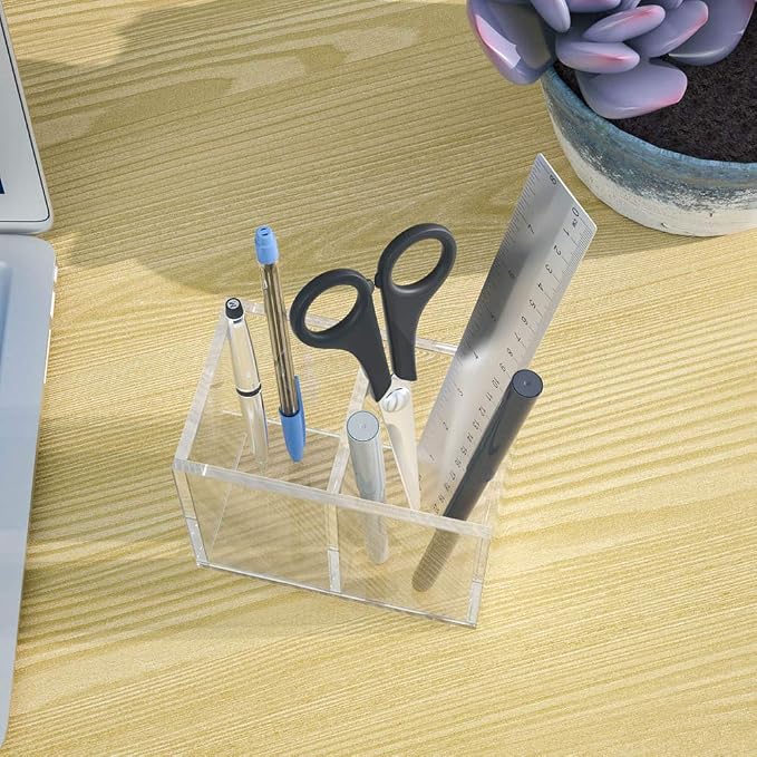 NIUBEE Acrylic Pen Holder 2 Compartments, Clear Pencil Organizer Cup for Countertop Desk Accessory Storage | Scratch-resistant thick acrylic with 2 slots for pens, pencils, makeup brushes, office, vanity and school use