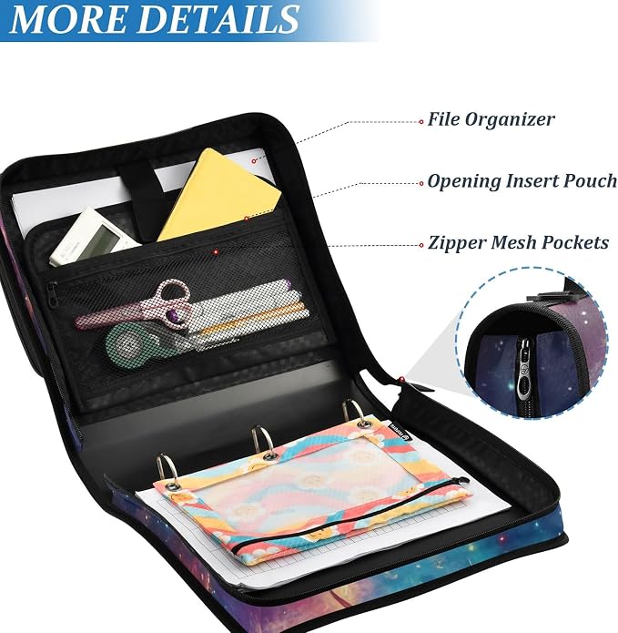 3 Ring Zipper Binder with Shoulder Strap Dragon Galaxy Purple Space 2 Inch Zippered Binder Bag 500 Sheet Capacity Multi Pockets for School Supplies