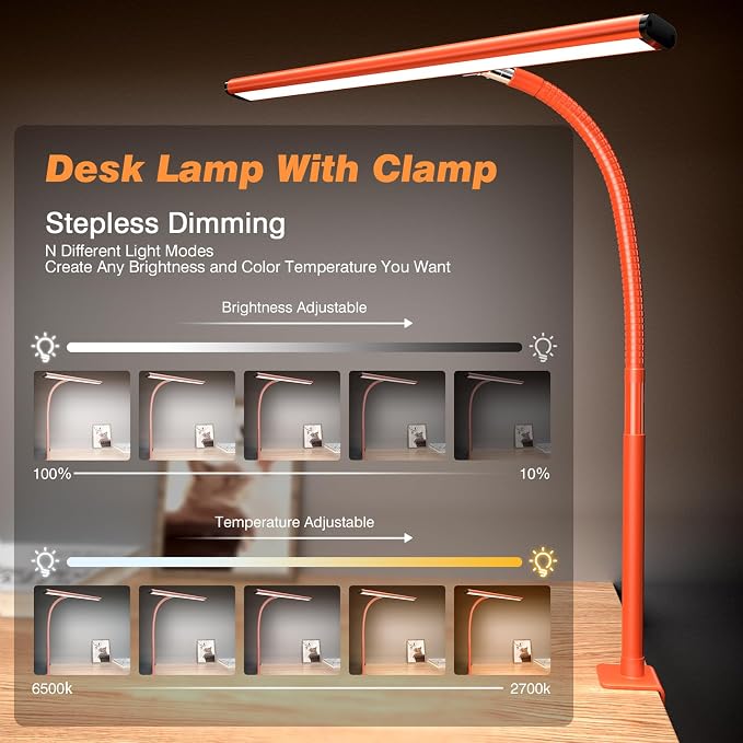 Airlonv LED Desk Lamp with Clamp, 17" Stepless Dimming Light, Orange | 2700K-6500K, 100 LEDs, 360° Gooseneck, Fits Up to 30" Monitors, Flicker-Free Lighting for Home Office, Study& Workbench