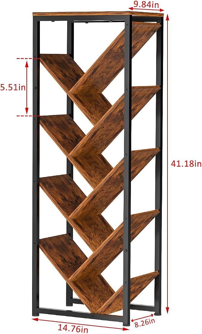 Cutogxon Tree Bookshelf - 9 Tier Floor Standing Tree Book Storage Organizer with Adjustable Feet for Hardcover Books, Vintage Living Room