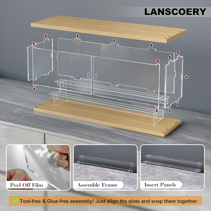 LANSCOERY LED Lighted Acrylic Display Case, 3 Tier Display Box for Collectibles and Action Figures, Clear Dustproof Organizer with Wooden Base – 23x6.5x7.4inch