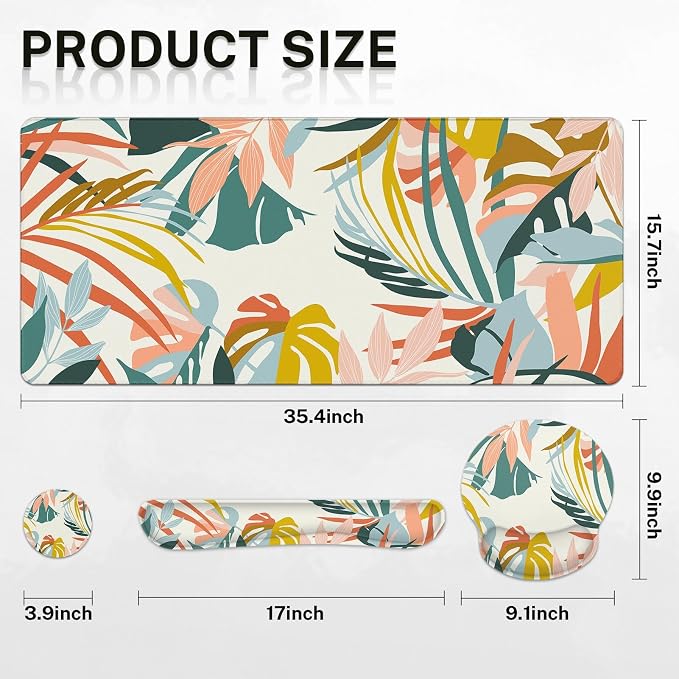 Keyboard Mouse Pad Set, 4 in 1 Desk Mat Set, Bohemian Rainforest | Boho Tropical Large Mousepad+Keyboard Wrist Rest+Mouse Wrist Rest+Coaster Ergonomic Design for Home Office Computer