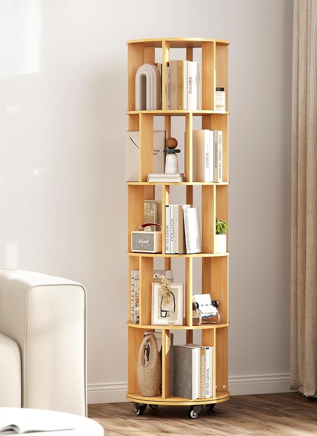 5 Tier Rotating Bookshelf 360 ° Rotating Bookshelf Tower Wood Revolving Bookcase Tall Narrow Spinning Book Shelf Tower with Storage and Sturdy Construction for Bedroom, Living Room, Office(Wood)