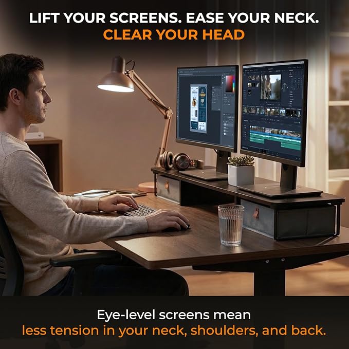 DuoStand Plus - 39” Dual Monitor Riser for Desk with 2 Drawers - Wood & Steel Double Monitor Stand with Storage - Desk Organizer Shelf for Desktop Computer, Laptop, TV & Printer (Matte Black)