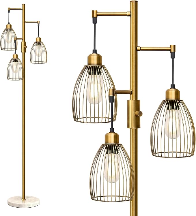 Torondo Dimmable Floor Lamps for Living Room, Industrial Standing Lamp with Marble Base, Antique Brass Tree Tall Pole Light with 3 Elegant Teardrop Cage Head & 800 Lumens LED Bulbs for Bedroom Office