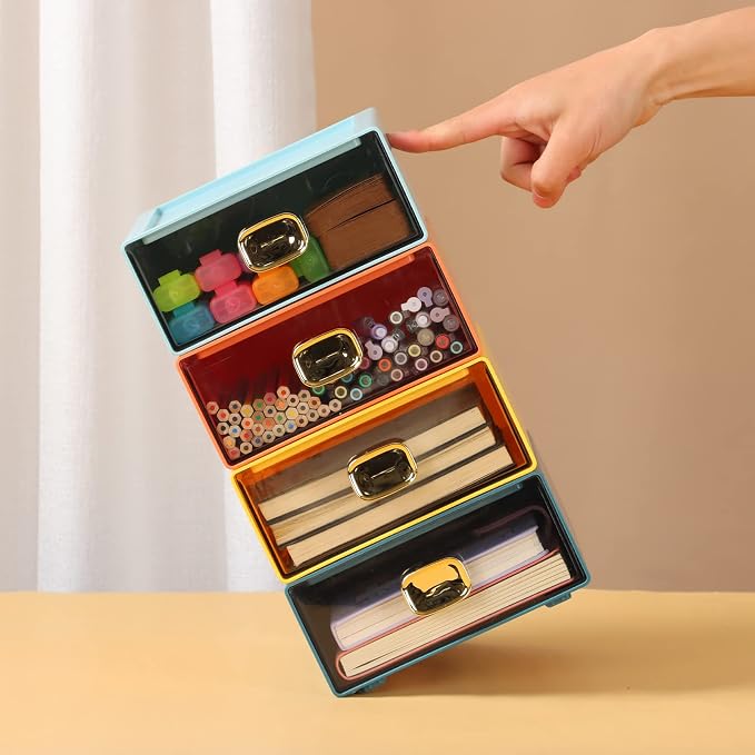 Desktop Storage Drawers, Stackable Countertop Organizer with Drawers | Cyan, 4 Small Drawers for Office Supplies, Makeup Organizer, Home Improvement, Desk Organization, Teacher Toolbox