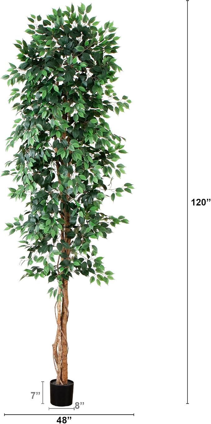 Nearly Natural 10 ft Artificial Ficus Tree Planter Floor Plant | Nature-Inspired Trunk, More than 1500 Lifelike Leaves, Black Nursery Planter Included, Office and Living Room Foyer Decor