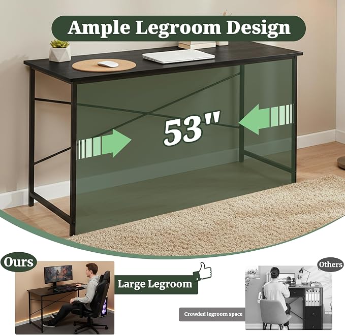 55 Inch Computer Desk, Writing Desk for Home Office Study Workspace | 265 lb Capacity, Reinforced X-Frame, Waterproof MDF Top, Scratch-Resistant Surface, Easy Assembly, Black