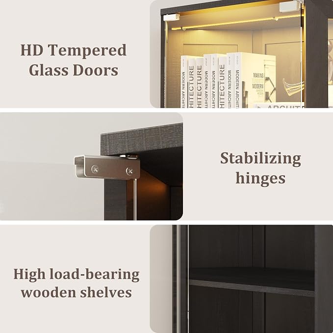 Corner Display Cabinet with Glass Doors, 3-Tier Curio Cabinets with RGB Lights, 42" Display Case with Wood Shelves for Collectibles, Black