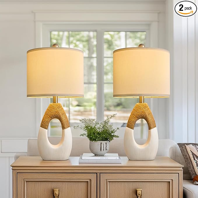 22” Boho Table Lamps for Bedroom Living Room Upgraded Set of 2 Medium Farmhouse Rattan Table Lamps, Rustic Home Decoration Nightstand Bedside Lamp for Office (Not Include Bulbs)