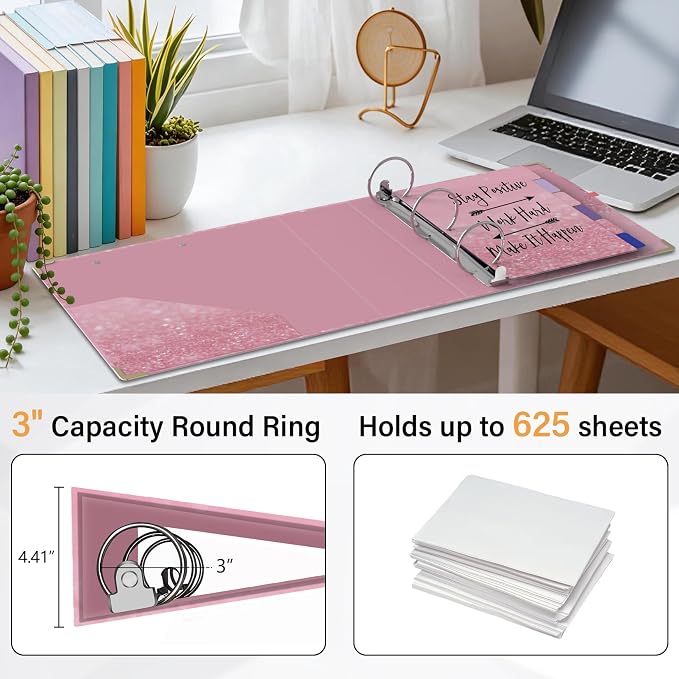 3 Ring Binder 3 Inch Round Ring Binder with 6 Tab Dividers，2 Interior Pockets，Cute Binder Clipboard with Storage, for School Office, Portfolio Organizer with Labels(Stay Positive)