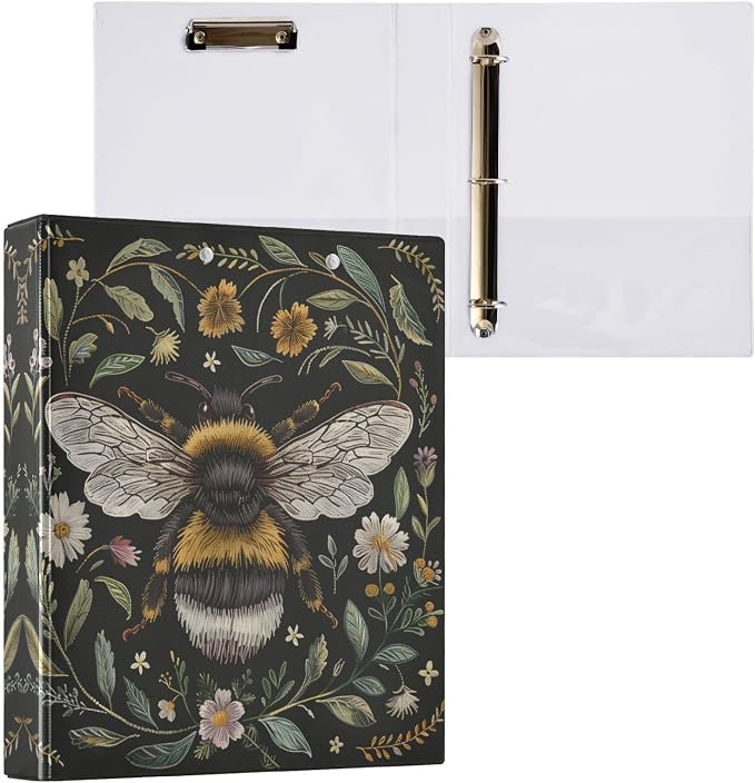 3 Ring Binder Bee Wildflowers 1.5 Inch Three Ring Binder | Cute Binder with 3 Storage Pockets for Women School Office Supplies