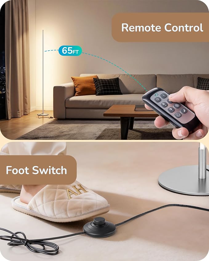 EDISHINE 57.5" Floor Lamp with Remote & Foot Switch, Dimmable & 7CCT | 2700-6000K, Minimalist Corner Floor Lamp for Living Room, Bedroom, Home Office, Sturdy Base, White