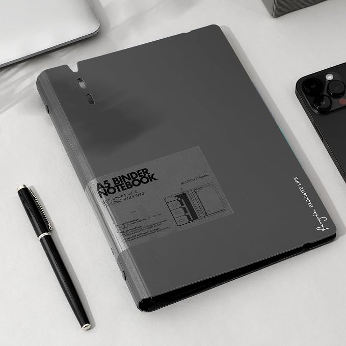 CAGIE A5 Binder 6 Ring Refillable Notebook with Dividers & Pockets | Daily Planning Square Ruled and Dotted Pages, Refill Paper Included, 6.89 x 9.25 In (Grey, A5 Daily & Dot Page)