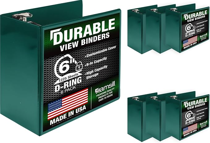 Samsill Durable 6 inch 3 Ring Binder, Locking D Ring Binder, Customizable Clear View Cover, Green, 6-Pack, Holds 1225 Pages