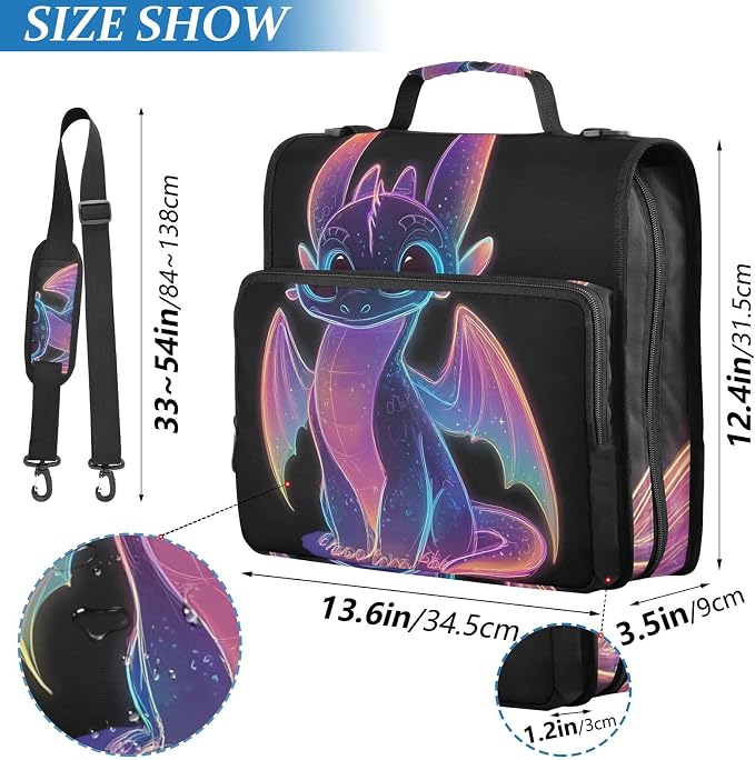 3 D-Ring Zipper Binder Bag, Cute Purple Glowing Dragon Removable Binder with Zipper Case Hold 300+ Sheets& 13 Inch Laptop for School Office Supplies Organizer