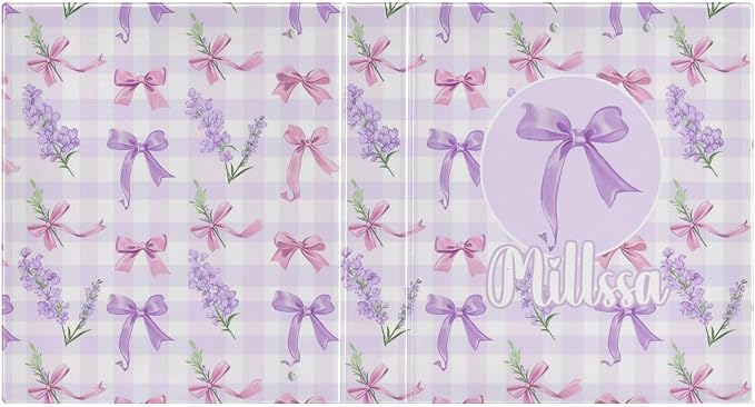 Lavender Ribbon 3 Ring Binder with Clipboard Round Ring Binders Bows Name Custom Binder 3 Interior Clear Pockets for Office Supplies 1 Pack