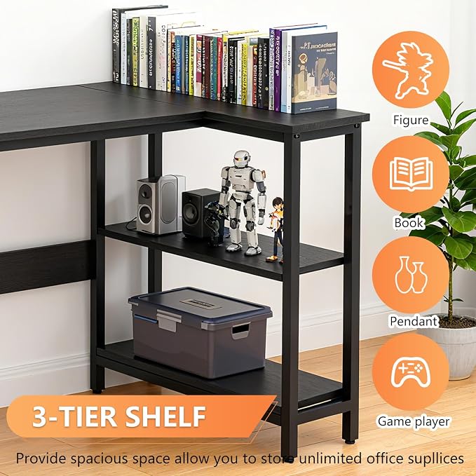 FDW L-Shaped Gaming Desk 39 Inch Computer Desk Corner Desks with Reversible Side Storage Shelves Study Desk Metal Frame PC Work Table for Home Office Dorm Sturdy Writing Workstation,Dark Black