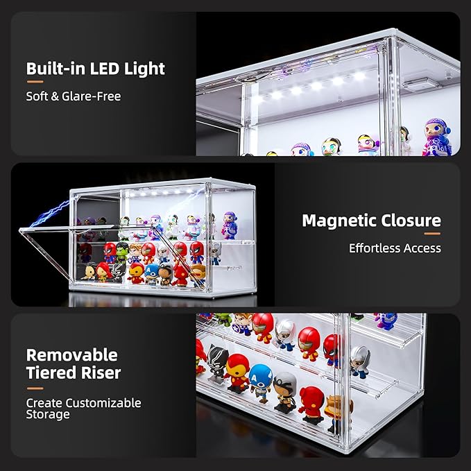 Acrylic Display Case for Collectibles with LED Light, 3 Layer Adjustable Figure Display Case with Magnetic Door, Lighted Display Box Stackable Clear Blind Box for Action Figure, Popmart, 2 Pack