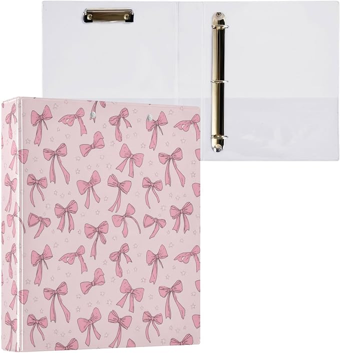 Cute Coquette Ribbon Bow Round Ring Binders 1.5 Inch 3 Ring Binder with Clipboard Holds 200 Sheets Office Home School