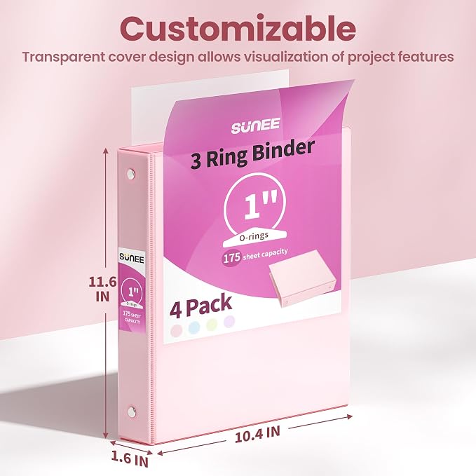 SUNEE 3 Ring Binder 1 Inch 8 Pack, Clear View 1" Binders Three Ring PVC-Free (Fit 8.5x11 Inches) for School or Office Supplies, Assorted Pastel