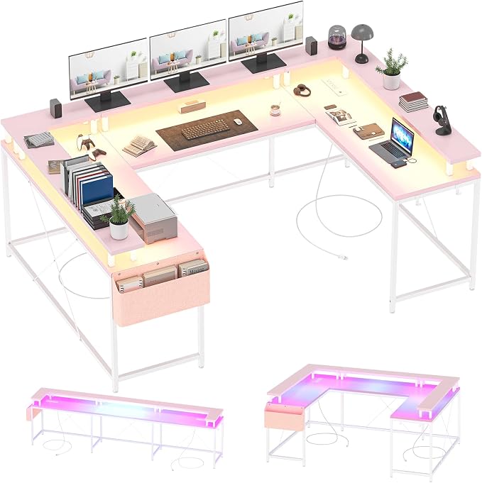 Reversible u Shaped to l Shaped Computer Desk with RGB Lighting & Charging Station, 79 Inch Home Office Workstation with Full Monitor Stand, Heavy Duty Gaming Desk Supporting 600LBS, Multiple Color Op