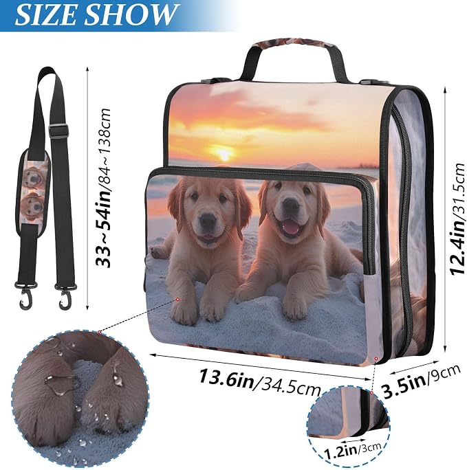 Golden Retriever Puppy Dogs 3 Ring Binder Bag 1.5 inch Binder Organizer with Zipper Shoulder Strap 500 Sheet Documents Storage for School Office