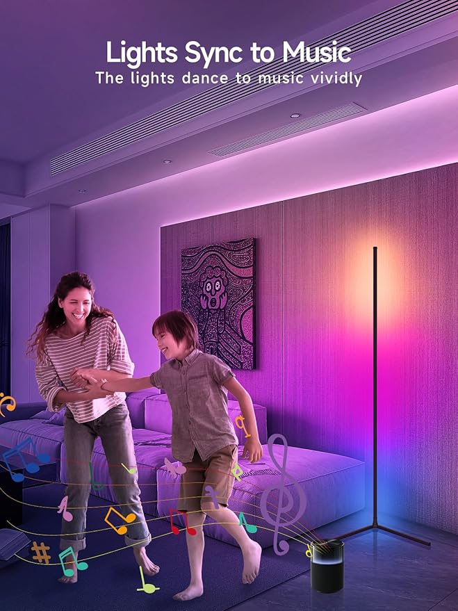 Tyute Floor Lamp, RGB LED Corner Lamp with Music Sync, Smart App and Remote Control Color Changing Ambience Light, 16 Million Colors Standing Lamp for Bedroom Living Room Gaming Room (2pcs)