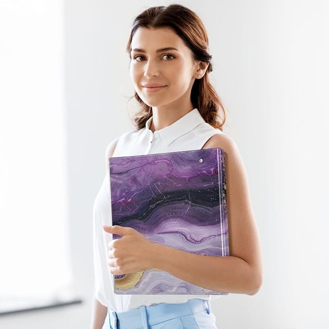 Purple Round Ring Binders 1.5 Inch White Pink Gold Marble Tie Dye 3 Ring Clipboard Binder for Office School Work Supplies File Folder Document 200 Sheet Capacity Easy Open 2 Pieces