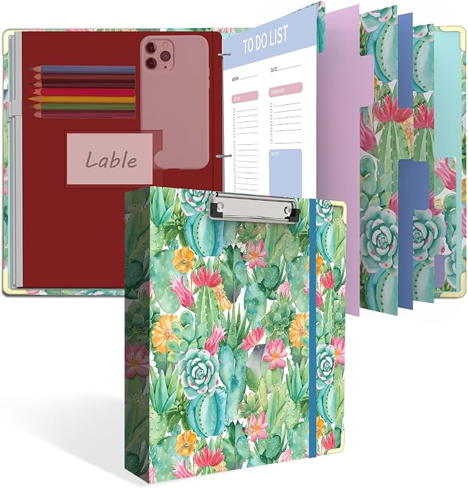 3 Ring Binder, 1 Inches Round Ring Binder with Clipboard, Dividers Tabs, PVC Zipper Bag Sleeves & to Do List Planners, Decorative Binder for School, Office Supplies-Cactus Flowers