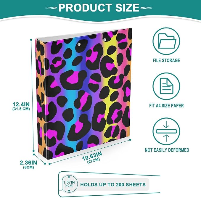 3 Ring Binder, Leopard Print Cheetah Neon Gradient File Folder Holds 200 Sheets File Storage for Women Men School Office Supplie
