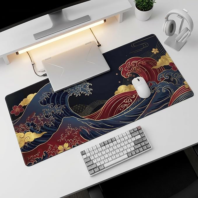 Japanese Great Wave Mouse Pad XL-Extended Gaming Desk Mat (31.5 x 15.7 in) | Black and Gold Ukiyo-e Art Mousepad with Anti-Slip Rubber Base, Waterproof Keyboard Mat for Office, Home & Esports