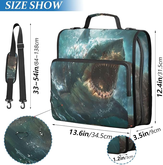 Shark Zipper Binder with Shoulder Strap Trapper Keeper 3 Ring Binder Organizer Large Capacity Multiple Compartments for School Office
