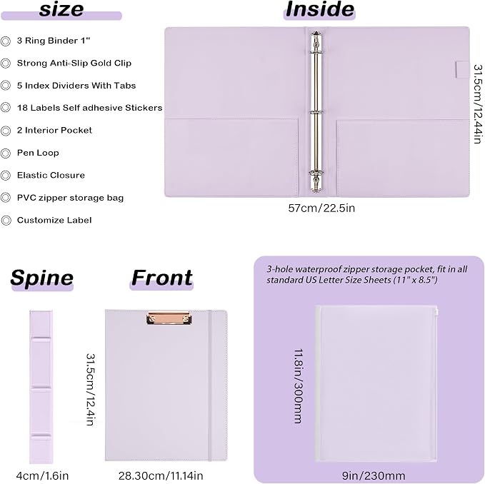 Hardcover 3 Ring 1 Inch Leather Binder, Letter Size Dividers With Tabs, PVC Zipper Pouch, Professional Organizer, Faux Lavender Purple Leather