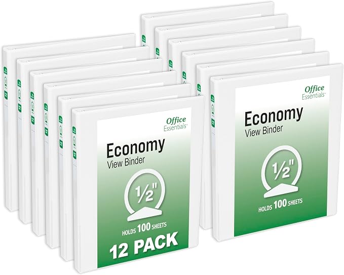 Office Essentials Economy View 3 Ring Binders, 0.5" Round Rings, 0.7" Spine, 100-Sheet Capacity, White Binders (12-Pack of 03422)