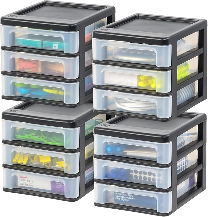 IRIS USA 4-Pack, 3-Drawer Small Plastic Stacking Desktop Organizer, Black | Organize office supplies, stationery, makeup, craft materials and everyday essentials for neat desktop storage