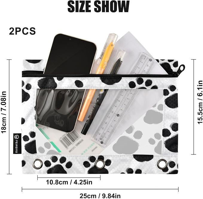 Black Paws Print Pencil Pouch for 3 Ring Binder, 2 Pack Waterproof Pencil Bags Clear Window Pencil Case Zipper School Office Supplies