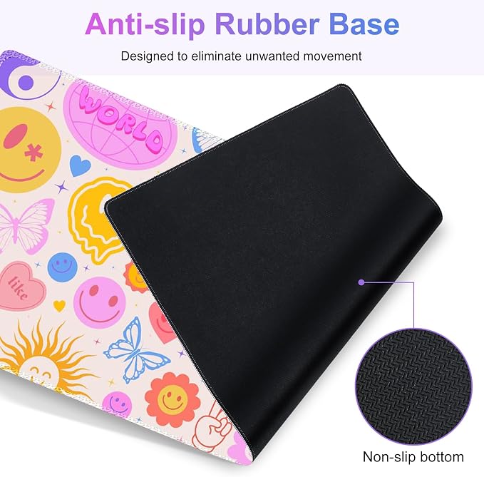 Large Gaming Mouse Pad Set, 4 in 1 Extended Keyboard Desk Mat with Wrist Rest, PC Computer Game Mousepad Set, Non-Slip Desk Pad Protector Easy Typing Pain Relief for Home Office I Hippie Smile