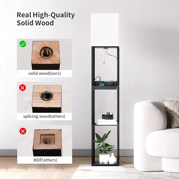 SUNMORY Floor Lamp with Shelves, Solid Wood Shelf Lamps for Living Room | 1 Drawer & 2 USB Ports & 2 Power Outlet, 3 CTT Bulb, Modern Dimmable Standing Lamp, Corner Tall Bookshelf for Bedroom, Office