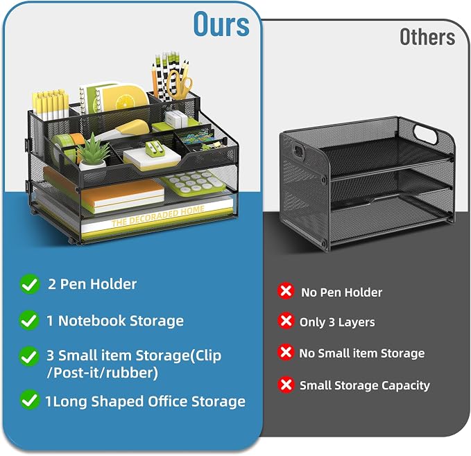 3 Tier Desk Organizer, Mesh Letter Tray Paper Organizer with 5 Adjustable Storage Compartments & Pen Holder, Metal Desk Accessories for Home Office School, Black