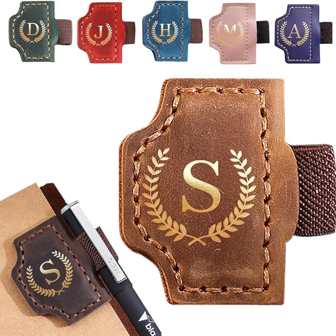 Personalized Bygone Mark Bookmark with Pen Holder, Leather Magnetic Bookmark 26 Letters,Gifts for Book Lovers, Readers, Leather Book Marks for Men Women (Brown, S)