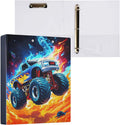 Monster Truck Cool Round Ring Binders 1.5 Inch Yellow Boom Cars Cute Doodle Pattern 3 Ring Clipboard Binder for Office School Work Supplies File Folder Document 200 Sheet Capacity Easy Open