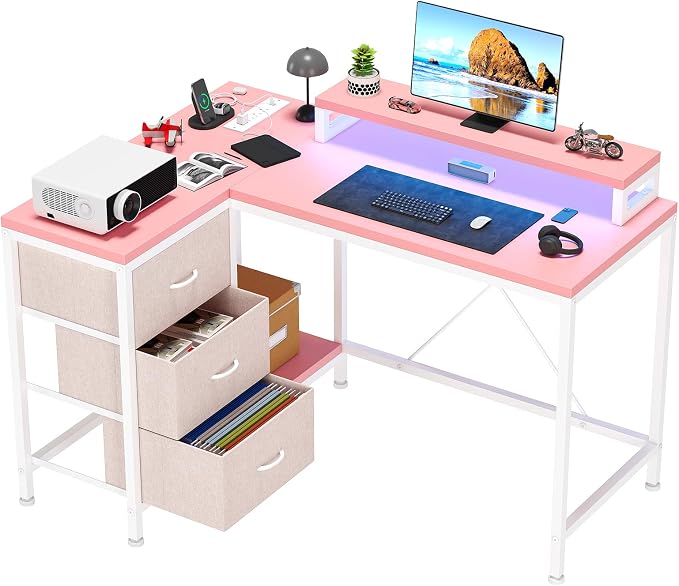 Hetoy L-Shaped Gaming Desk with Power Outlets, Corner Desk with Drawers, Shelves & LED Lights, Computer Desk for Home & Office