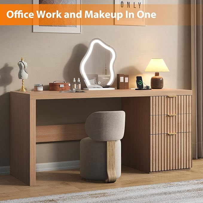 60" Fluted Executive Desk with Ample File Drawer & Large Charging Station, Wood Modern Home Office Desk with Storage, Computer Writing Desk for Work, Living Room, Bedroom, Durable & Sturdy, Natural
