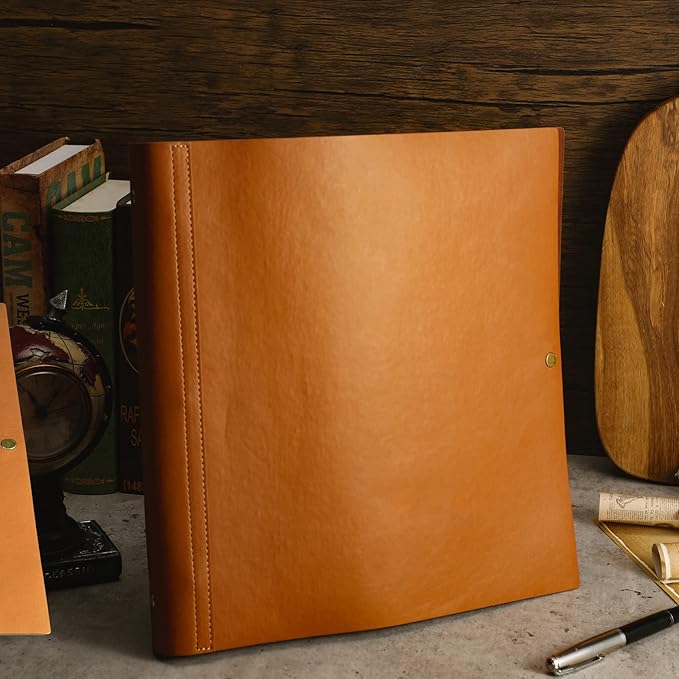 Teling 1 Pcs Leather 3 Ring Binder Holds 8.5 x 11 Inch Paper Binder Organizer Vintage Faux Leather Portfolio Folder Planner for Office Home Document Photo Diary Supplies (Antique Brown)