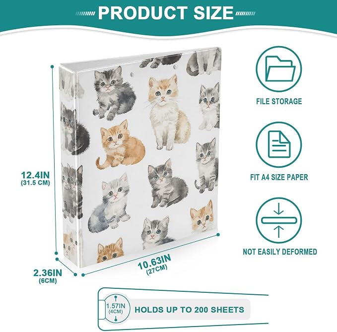 Cats White Cute Decorative 3 Ring Binder 1.5 Inch Large View Binders with Pockets Holds 200 Sheets File Organizer for Office College School, 2 Pack