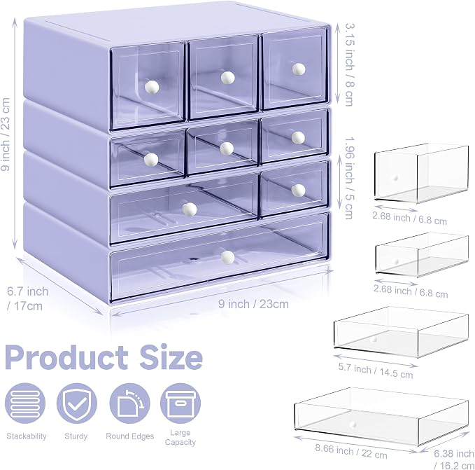Desk Organizer with 9 Drawers, 4 Tiers Stackable Storage Drawers, Desktop Storage Box with Clear Drawers for Stationery, Makeup, Jewelry, Office and Craft Supplies (Purple)