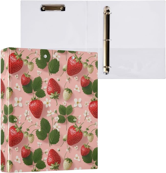 Flower Strawberry Printed 3-Ring Binder for School Office, 1.5 Inch Round Ring Binder for Home Recipe Budget Aesthetic Binder with Pocket Metal Non-Slip Clip Holds 200 Sheets of Paper