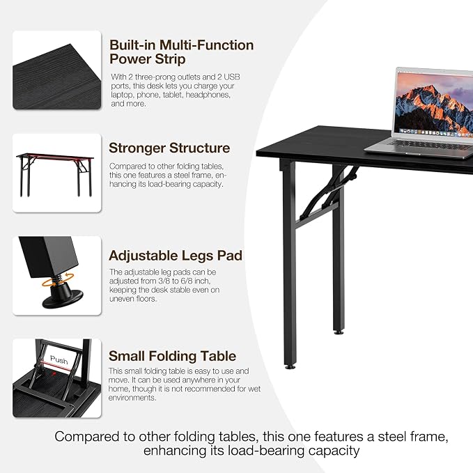 TEMI Long Computer Desk Folding Table - 55.1" Foldable Office Desk, No Assembly, Perfect Writing Table for Bedroom or Apartment, Portable Large Desk or Study Table with Compact Design, Dark Oak