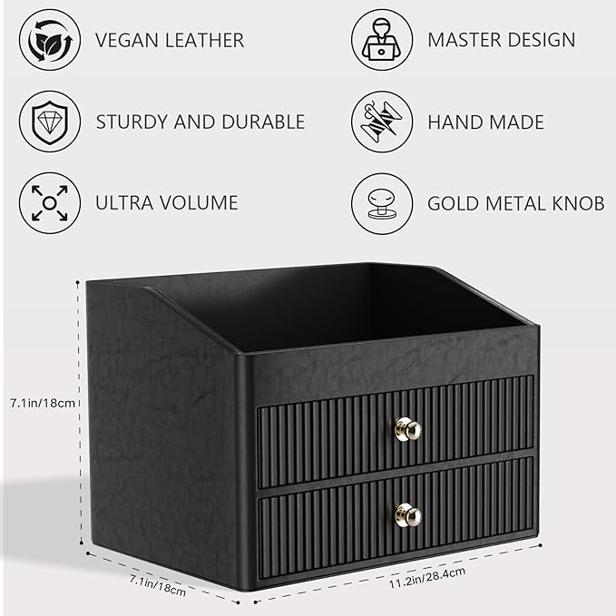LADSTAG Office Supplies,Black Vegan Leather Office Organization with 2 Drawers & Tray,Glasses Holder with Gold-Tone Metal Accents Knob for End Tables,Bedside Table,Bedroom